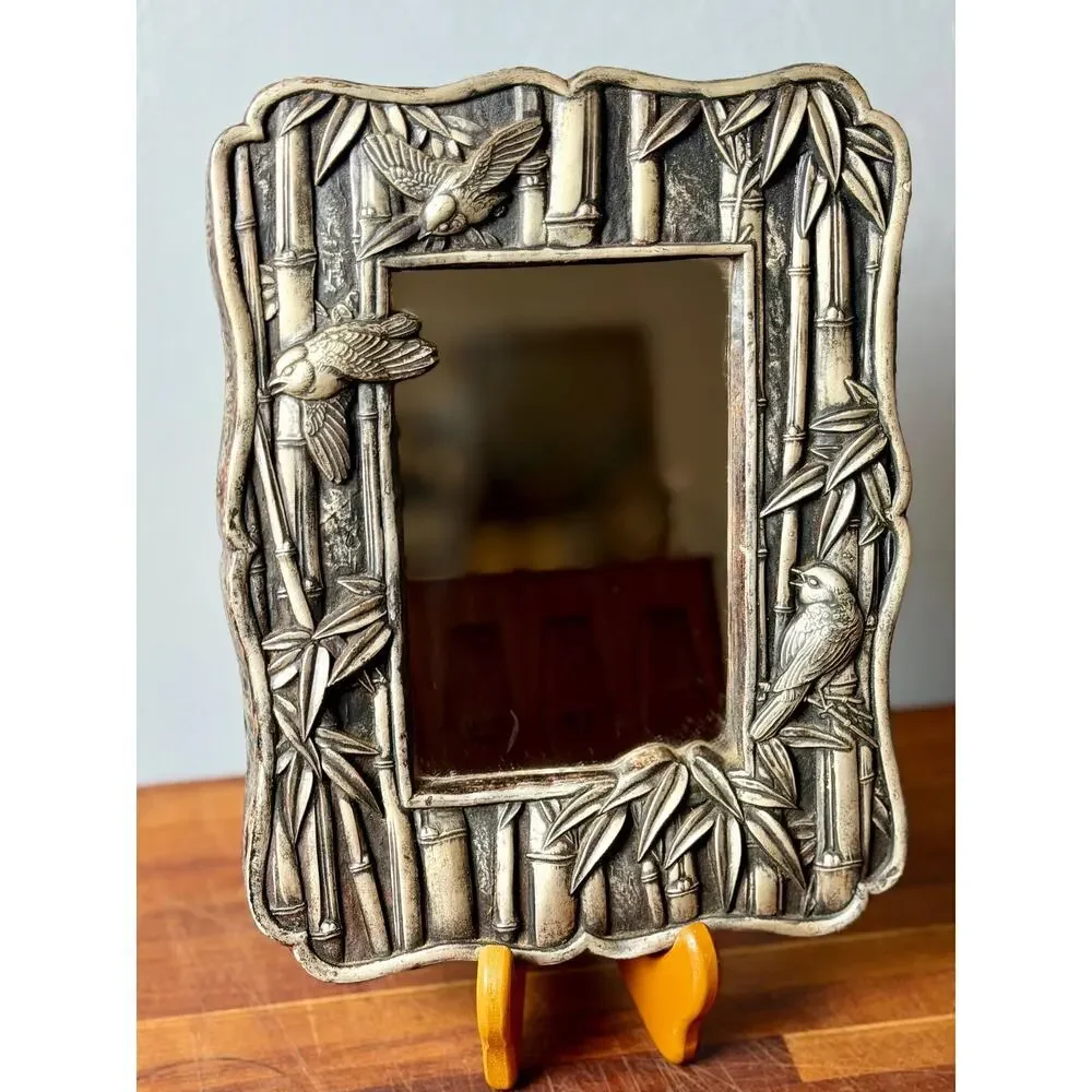 Vintage Chinoiserie Bamboo Bird Mirror | Silver Tone Hollywood Regency